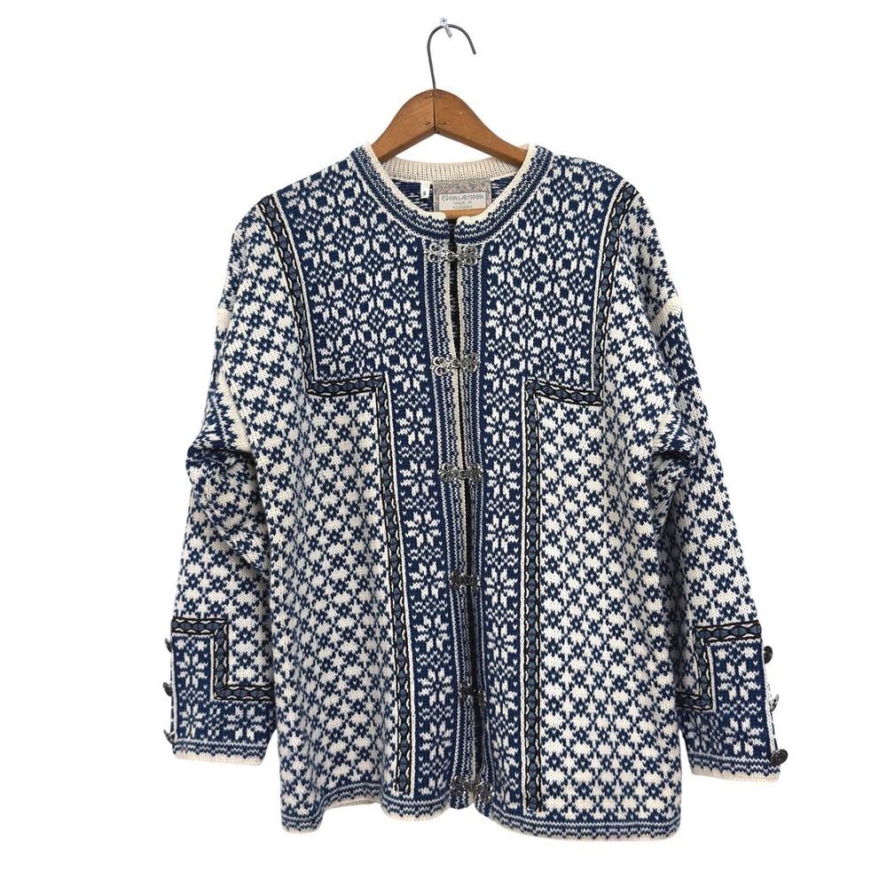 Vintage 90s Norlender Cardigan Sweater Blue Cream Wool - S